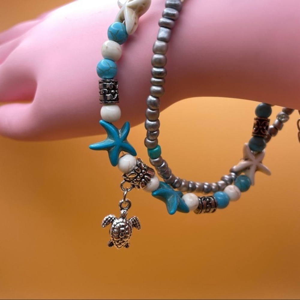Starfish Sea Turtle Beads Charm Multi Strand Boho Beachy Anklet Ankle Bracelet - Picture 2 of 5